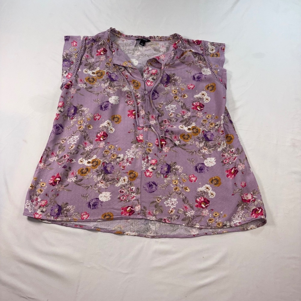 Buffalo David Bitton Purple Floral Sleeveless Blouse Lace Trim Tassel Tie Small